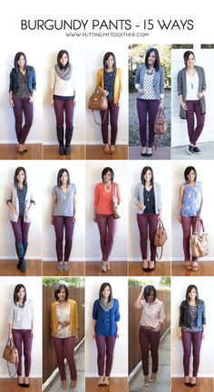 Putting Me Together: 15 Ways to Wear Burgundy or Maroon Pants Burgundy Pants Outfit, Maroon Pants Outfit, Maroon Jeans, Maroon Pants, Burgundy Pants, Burgundy Jeans