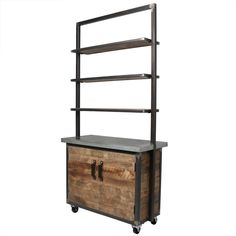 an industrial style wooden storage unit with metal shelves and drawers on wheels, against a white background