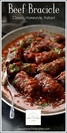 beef braciate with tomato sauce and parsley in a pan on a table