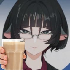 a person holding a cup of coffee in front of a cartoon character with glasses on