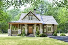 this is a computer rendering of a small cabin style house with porches and windows