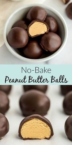 no - bake peanut butter balls in a white bowl with the words, no - bake peanut butter balls