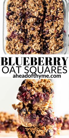 blueberry oat squares stacked on top of each other with the title above it