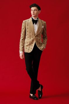 Beige full sleeves tuxedo in suede base with tonal beads embroidery and shawl lapel collar neckline. Paired with white cotton shirt, black trouser, bow, pocket square and waist band. - Aza Fashions Luxury Fitted Sherwani For Semi-formal Occasions, Designer Long Sleeve Bandhgala For Formal Events, Designer Long Sleeve Bandhgala For Formal Occasions, Luxury Tailored Bandhgala For Evening, Designer Long Sleeve Tuxedo For Semi-formal Occasions, Tailored Long Sleeve Nehru Jacket For Party, Designer Long Sleeve Tuxedo For Evening, Tailored Long Sleeve Bandhgala For Party, Formal Fitted Long Sleeve Sherwani