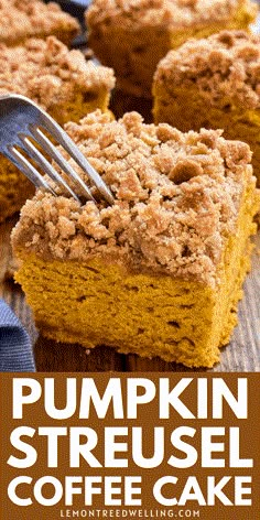 pumpkin streusel coffee cake is cut into squares and served on a plate with a fork