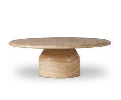 a round wooden table on a white background with the top turned down to show wood grain