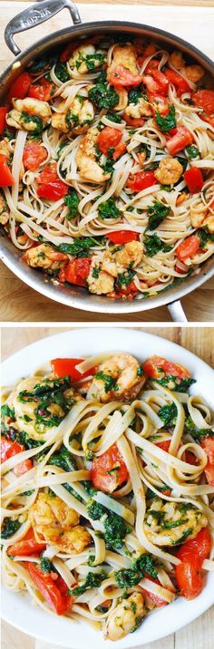 two pictures of different types of food in pans on the same side, one with pasta and another with spinach