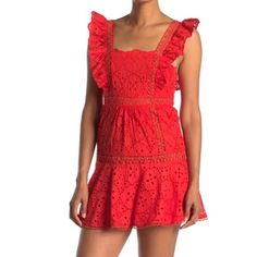 Nwt Betsey Johnson Dress! Size 10 Never Worn Perfect For Valentine’s Day! Red Mini Dress With Ruffle Hem, Fitted Red Mini Dress With Ruffle Hem, Fitted Red Dress With Ruffle Hem, Red Mini Dress With Ruffle Hem For Spring, Red Ruffled Mini Dress For Brunch, Red Ruffled Dress For Summer, Flirty Red Dress With Ruffle Hem, Red Sleeveless Dress With Lace Trim, Red Ruffled Dress For Day Out