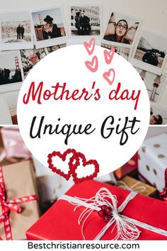 the mother's day unique gift is on display with pictures and gifts around it