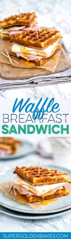 waffle breakfast sandwich on a plate with text overlay