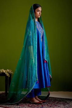 Blue woven chanderi block printed embroidered long anarkali. Paired with a scallop detailed pant and green silk organza dupatta. - Aza Fashions Block Print Anarkali, Guru Dutt, Long Anarkali, Organza Dupatta, Silk Organza, Fashion App, Green Silk, Pant Set, Set For Women