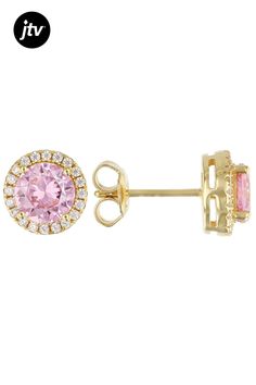 Bella Luce �� pink and white diamond simulants 2.80ctw round, Eterno��� 18k yellow gold over sterling silver earrings. Measures approximately 0.31" L x 0.31" W and have push backings. The diamond equivalent weight is 1.88ctw. Pink Diamond Halo Jewelry, Pink Diamond Jewelry With Halo Design, Pink Brilliant Cut Earrings In Fine Jewelry Style, Pink Gold Round Halo Jewelry, Pink Brilliant Cut Round Diamond Earrings, Classic Pink Cubic Zirconia Jewelry, Gift Pink Diamond Earrings With Accents, Pink Diamond Earrings With Prong Setting, Pink Gold Round Jewelry With Halo Setting