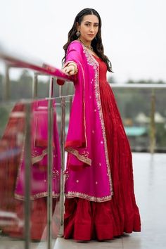 Rani long jacket with floral butti embroidery using marodi and zardozi work. Paired with a red pleated flare anarkali. Comes along with a dupatta with embroidered tassels. - Aza Fashions Navratri Anarkali Set With Traditional Drape, Transitional Anarkali Choli, Long Cutdana Sharara, Long Chanderi Lehenga, Red Long Sleeve Choli With Dabka Work, Long Pallu Choli, Long Choli For Festive Occasions, Festive Long Choli, Designer Long Red Lehenga