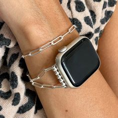 Hypoallergenic Sterling Silver Double Wrapped Chain Luxury Band For Apple Watch All Series 38mm 40mm 41mm 42mm 44mm 45mm With Silver Stainless Steel Attachments/Connectors Includes Sterling Silver Beads & Lobster Claw Clasp High Quality Adjustable Size Dainty Formal Fashion Accessory Designed & Handmade By Simeon D Jewelry Studio Please Measure Your Wrist As Pictured & Select Size Elegant Stylish Gift For Any Holiday Or Occasion Not For Other Models. Apple Smartwatch Is Not Included Follow My St Trendy Silver Watch Bands For Everyday, Gift Chain Link Apple Watch Band, Trendy Silver Rectangular Watch Bands, Chain Link Apple Watch Band Gift, Silver Bracelet Strap Watch Band For Everyday, Modern Silver Watch Bands For Everyday, Apple Watch Band Chain Link Bracelet Strap As Gift, Trendy Silver Watch Bands As Gift, Modern Chain Watch Bands As Gift