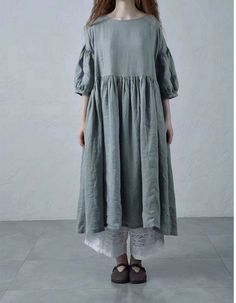 "100% linen dress, simply type design. Three color available: lake blue, red and black.  Measures approximately: 1/2 Bust: 63cm（24.8\"） Total length: 113cm （44.48\"） Shoulder to shoulder: no limitation from the collar to sleeve cuff: 51cm（20.07\"） from shoulder point to sleeve cuff: 25cm （9.84\"） there may be 0.5-1cm measurement margin. ----------------------------------------- ❤ About Shipping  Normally, it will takes 3-8 days to made the clothes after you submit the order. Trackable Free shipp Casual Summer Linen Dress With Gathered Sleeves, Casual Linen Midi Dress With Gathered Sleeves, Casual Linen Dress With Gathered Sleeves, Casual Summer Midi Dress With Pleated Sleeves, Oversized Solid Color Linen Dress, Knee-length Linen Dress With Gathered Sleeves, Blue Linen A-line Maxi Dress, Oversized Linen V-neck Dress, V-neck Lagenlook Daywear Dress