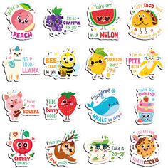 various stickers with animals and fruits on them