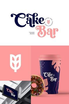 the logo for cafe bar with donut and coffee cup next to it on a pink background