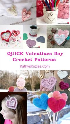 valentine's day crochet patterns are featured in this collage with the words quick valentines day crochet patterns