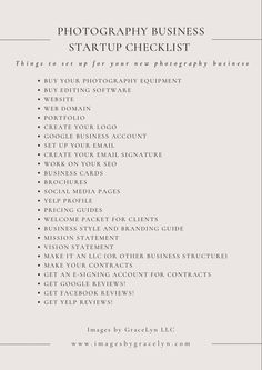 the photography business start - up checklist is shown in black and white with text