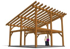 two people standing in front of a wooden structure with beams on the roof and walls