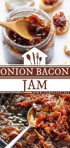 bacon jam in a glass jar with spoon and cookies on the side, text overlay reads london bacon jam