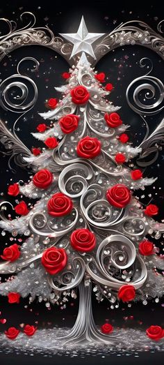 a christmas tree decorated with red roses and silver swirls on a black background, surrounded by stars