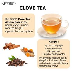 Tea Recipe For Cough, Tea Remedies For Cold, Tea With Cloves, Clove And Ginger Tea Benefits, Herb For Cough, Ginger For Throat, Tea For Mucus In Throat, Ginger Throat Remedies, Cinnamon Tea For Sore Throat