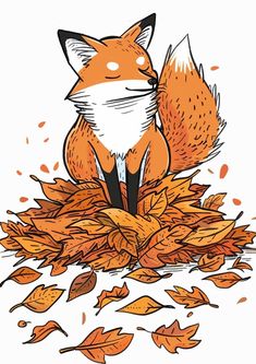 a drawing of a fox sitting on top of some leaves and looking at the camera