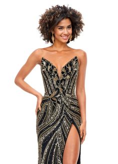 Ashley Lauren 11236 Long Fitted V Neck Slit Beaded Sequin Prom Dress Pageant Gown This strapless gown is sure to turn heads. The sweetheart neckline is complete with a modern floral sequin motif that continues down the bustier and skirt. The skirt is complete with a left leg slit.   Strapless Bustier  Left Leg Slit  Fully Hand Beaded Black And Gold Dresses, Bustier And Skirt, Prom Dresses Long Black, Glitter Prom Dresses, Ashley Lauren, Pageant Gown, Lilac Sky, Prom Inspo, Strapless Bustier