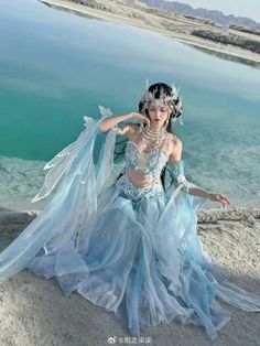 Cute Mermaid Outfits, Ocean Royalty Outfit, Blue Siren Outfit, Water Princess Outfit, Ocean Clothes Fashion, Water Queen Aesthetic, Mermaid Queen Dress, Water Clothes Drawing, Water Inspired Clothes