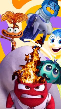 the characters from inside out in front of an orange and purple background with fire coming out of them