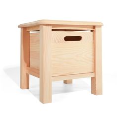 a small wooden stool with a drawer on the top and bottom section, made from solid wood