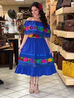 This Beautiful Off the Shoulder Mexican Dress has lace details throughout the dress. It's comfortable with elastic around the shoulder and waist, made out of cotton and is full of vibrant colors. Please note: You have the option of purchasing the dress with one of the two belt options shown for a special price or purchasing the dress on its own. Mexican Inspired Prom Dress, Salvadorian Dress, Traditional Mexican Dresses, Traditional Mexican Dress For Women, Mexican Attire Women, Mexican Dress Outfit, Mexican Women Fashion, Hispanic Dresses, Mexican Outfits For Women