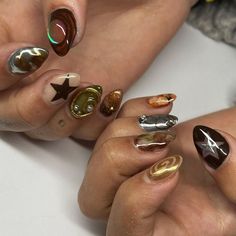 ଳ ‧₊˚ ⋅ 1.800.nailme on ig Short Gold Chrome Nails, Purple And Brown Nails, Mix And Match Nails Design, Swaggy Nails, Crazy Nail Art, Rusty Nail, Girls Nails, Minimalist Nails