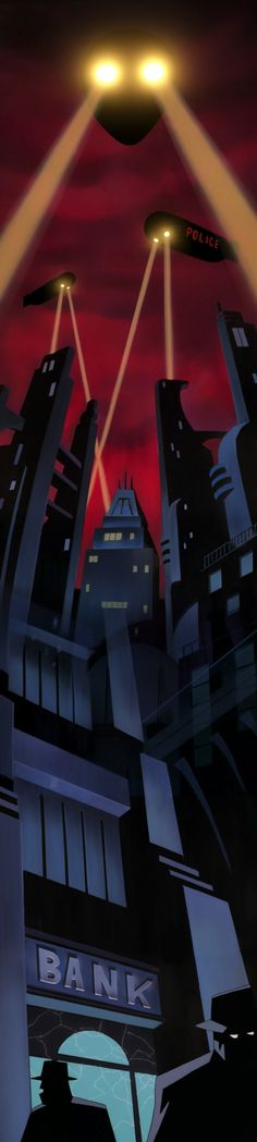 an alien flying over a city under a red sky with lights on it's head