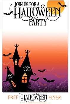 halloween party flyer with a house and bats