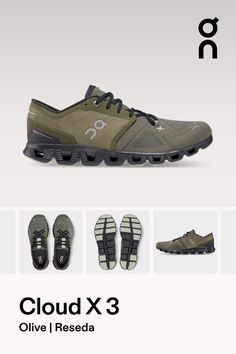 Ultralight, highly reactive, with better fit and breathability. It’s born from running, but made for everything | On Men's Cloud X 3 Road Running Shoe in Olive/Reseda, Size: 49. Mixed workouts, everyday training, super agile Workout, Road Running. Performance Running Workout Shoes, Running Workout, Gym Shoes, Road Running, The Cloud, Training Shoes, Running Shoe, Running Shoes, Running