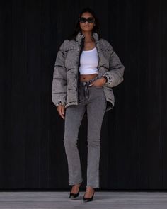 made for everyone, the denim puffer. designed to have the cozy feel of your favorite puffer jacket, but with a denim twist. detailed black stitching and zippers on either side of the jacket are meant create a perfect fit. compliments the slim straight leg jean in faded grey wash. Urban Gray Puffer Jacket With Long Sleeves, Casual Gray Puffer Jacket With Pockets, Urban Gray Puffer Jacket, Gray Down Puffer Outerwear, Gray Long Sleeve Puffer Jacket With Pockets, Grey Wash, Recycled Yarn, High Low Hem, Embossed Logo