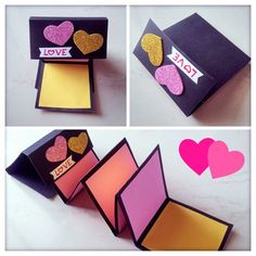 four different pictures showing how to make an origami love box with hearts on it