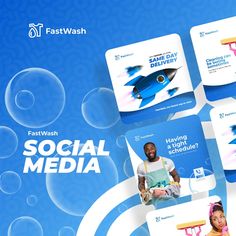 the social media ad for fastwash is displayed on a blue and white background with bubbles