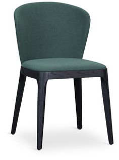 an upholstered green chair with black legs and back rests against a white background