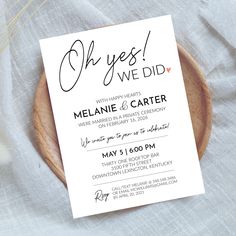 a white wedding card with the words oh yes did written in cursive font