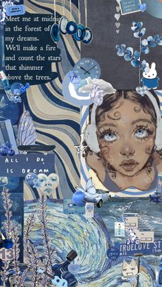 an altered collage of blue and white images with words on them, including a woman's face