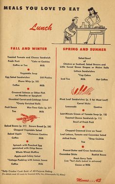 an old menu with two people sitting at a table