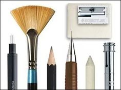 there are many different types of pens and pencils in this photo, including one with a shaving brush