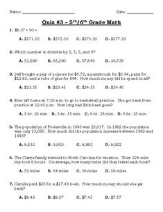 an answer sheet for the 6th grade math test