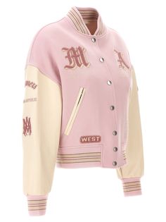 'Dream Team Varsity' wool blend bomber jacket with leather details, button closure, all-over patches and embroideries, pockets, long leather sleeves with knitted cuffs. Composition: 75% wool, 25% polyamide Pink Leather Jacket, Leather Sleeves, Checkered Shirt, Double Breasted Jacket, Leather Sleeve, Outfits Casual, Baddie Outfits, Yoga Wear, Dream Team