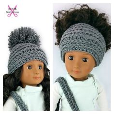 two pictures of a doll wearing a knitted hat