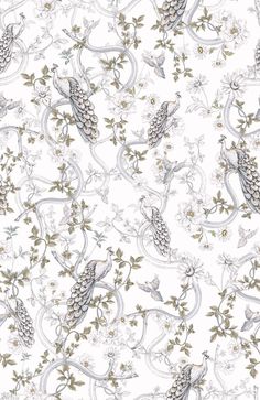 a white and silver wallpaper with birds on the branches, flowers and leaves in it