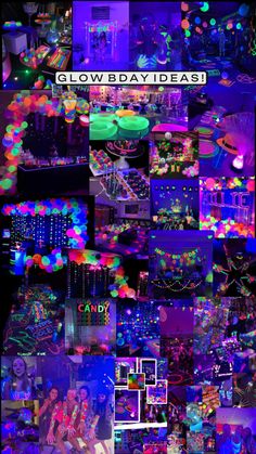 a collage of photos with neon colors and text that says glowday ideas on it